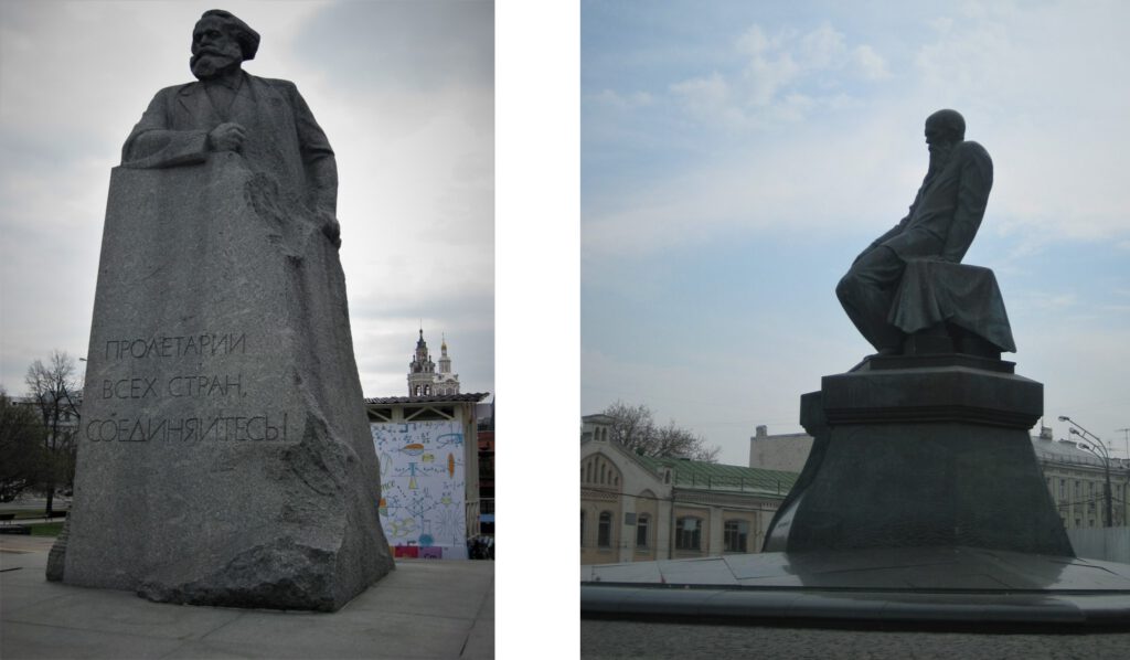 Statuen von Karl Marx und Fjodor Dostojewski in Moskau.