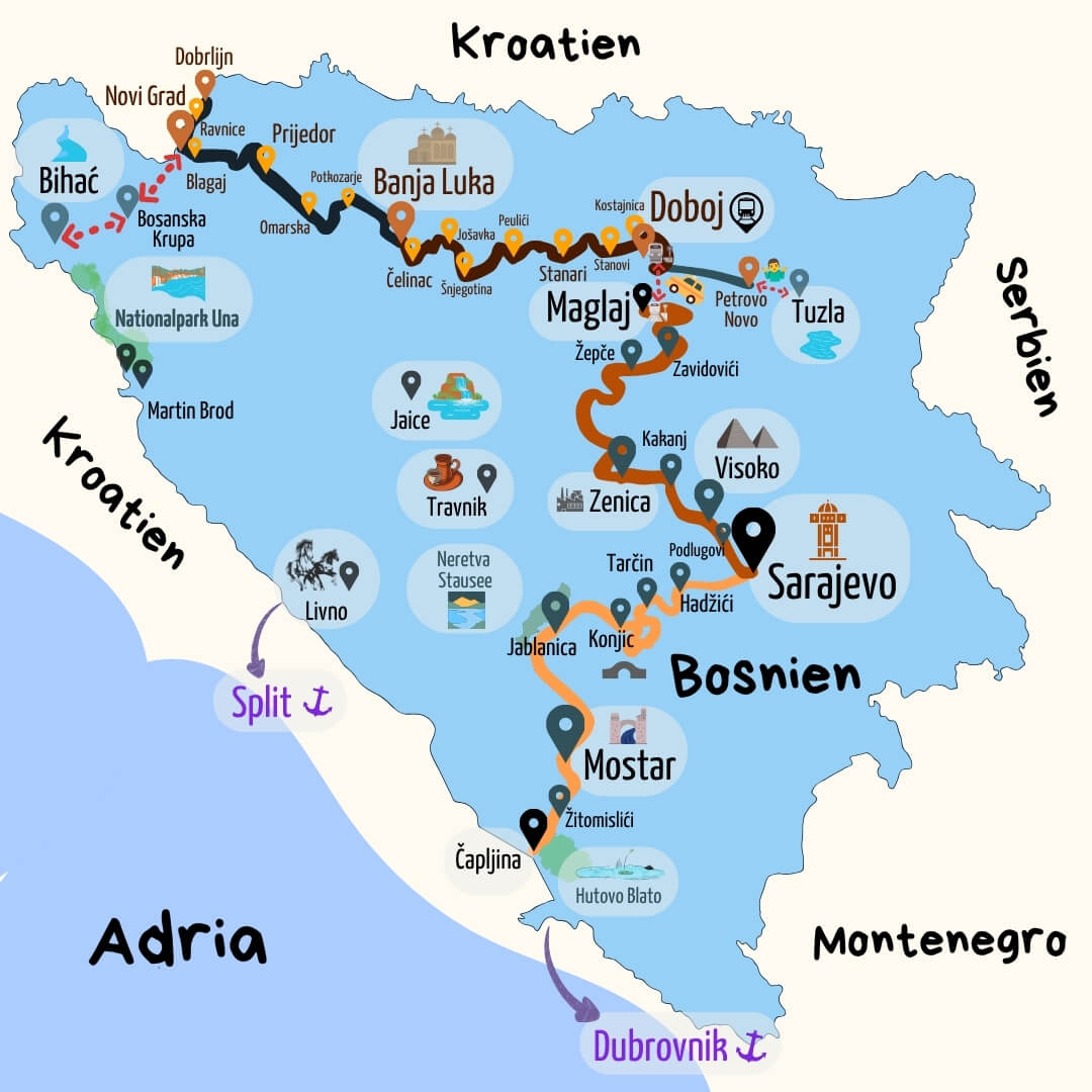 Landkarte von Bosnien mit eingezeichneten Bahnstrecken und herausgehobenen Zielen für den Urlaub in Bosnien, wie Mostar, Sarajevo, Visoko, Travnik, Jajce, Banja Luka und Bihac. 