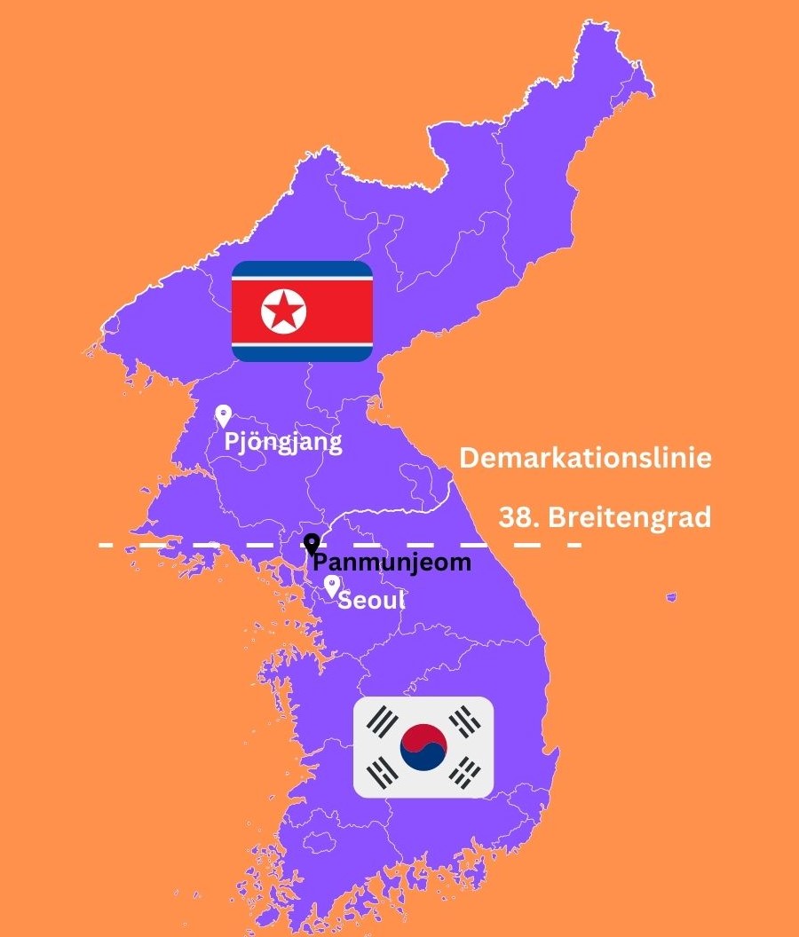 Demarkationslinie in der demilitarisierten Zone zwischen Nordkorea und Südkorea auf schematischer Landkarte. Am 38. Breitengrad mit Panmunjeom. Pjöngjang und Seoul markiert. 