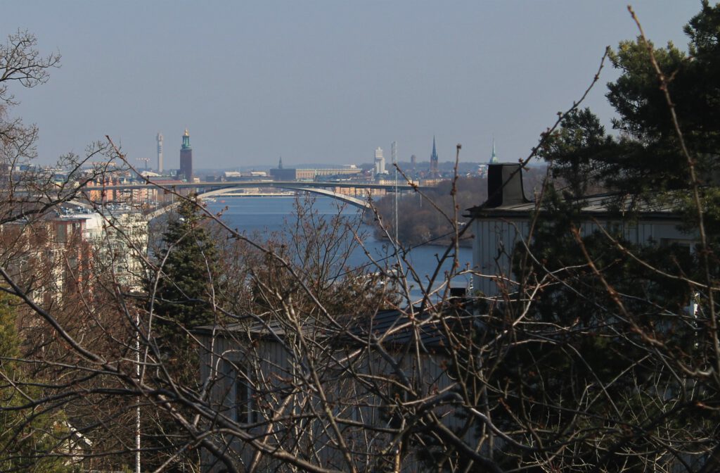 Västerbron und Stockholms Skyline von Stora Essingen aus gesehen. im Vordergrund Büsche des Parks Kungsklippan. 
