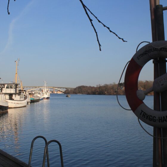 Lilla Essingen Pendelbat-Haltestelle. Rechts ein Rettungsring an einem Mast. LInks unten der Steg mit Einstiegsleiter am Wasser. Im HIntergrund liegen Boote an. Äste ragen ins Bild.