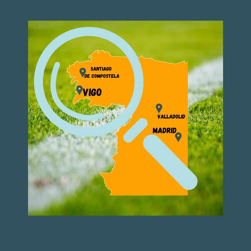 Lupe auf Kartenausschnitt von Spanien, mit Galicien und Vigo im Fokus. Fußballrasen im Hintergrund.
