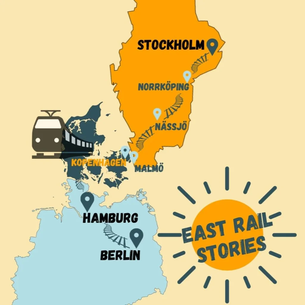 Nachtzug nach Stockholm. Schematische Karte mit der Eisenbahnroute von Berlin, über Hamburg, Kopenhagen, Malmö, Nässjö und Norrköping nach Stockholm. 
Logo von East Rail Stories
