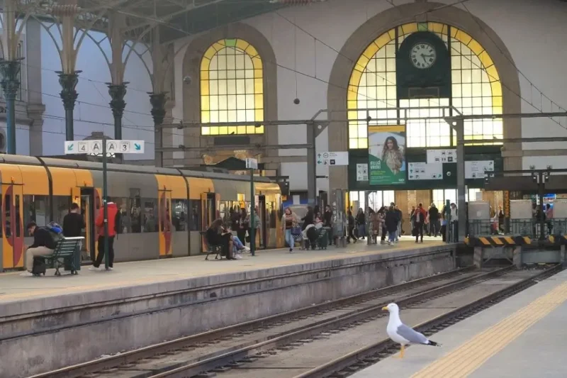 Titelbild "Mit dem Zug nach Portugal". Offene Bahnhofshalle von Porto Sao Bento. Gelber Regionalzug steht im Gleis. Im Vordergrund eine Möwe am Bahnsteig. East Rail Stories