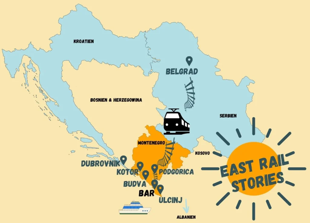 Montenegro schönste Orte. Schematische Karte von Monenegro mit Zugroute von Belgrad über Podgorica nach Bar. Küstenorte Ulcinj, Bar, Budva, Kotor und Dubrovnik markiert.  