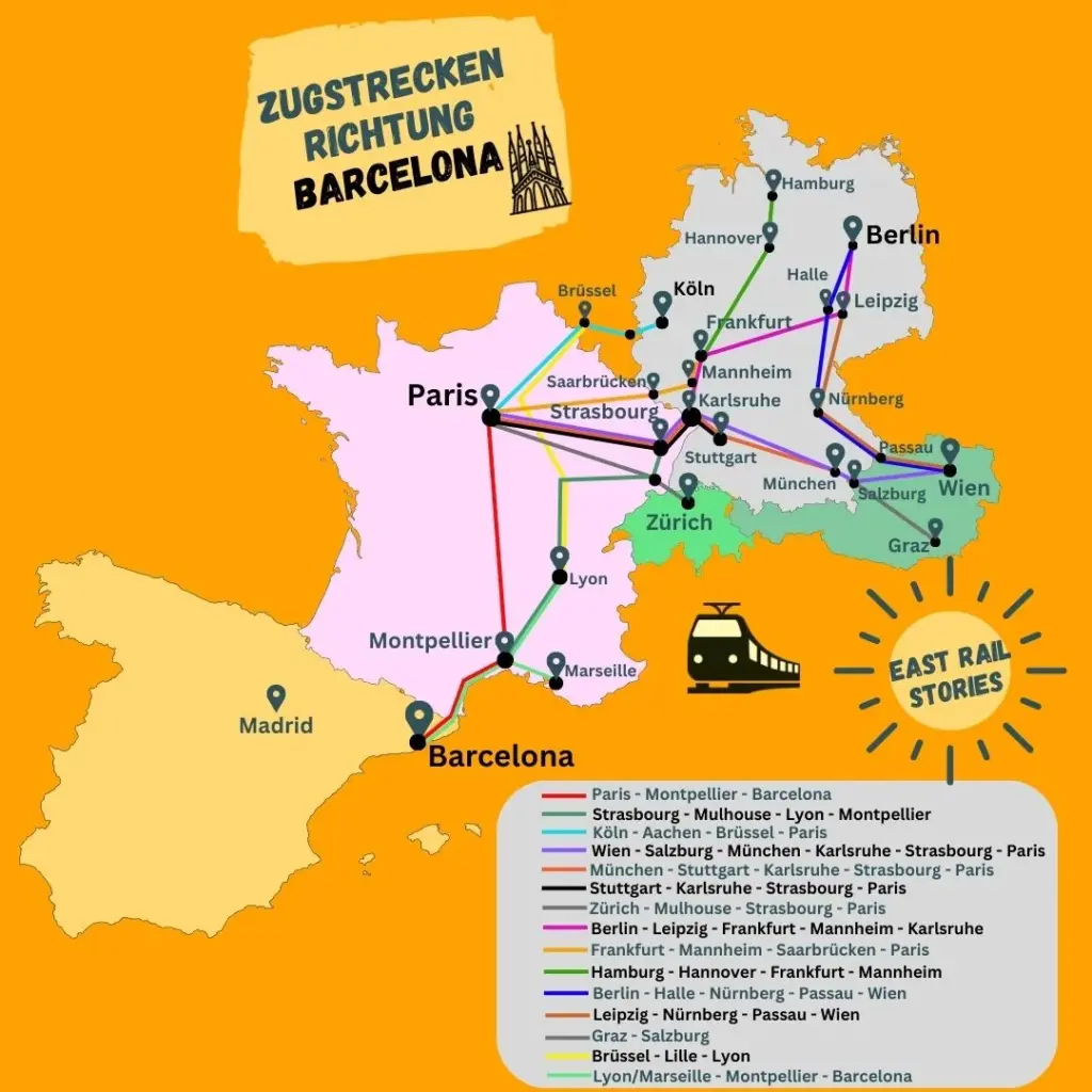 Zugverbindungen und Routen von den großen deutschen Städten nach Barcelona. Inklusive Zürich, Wien, Salzburg und Graz.