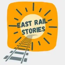 East Rail Stories Zugreiseblog Logo. Eisenbahnschienen in Richtung Sonne.