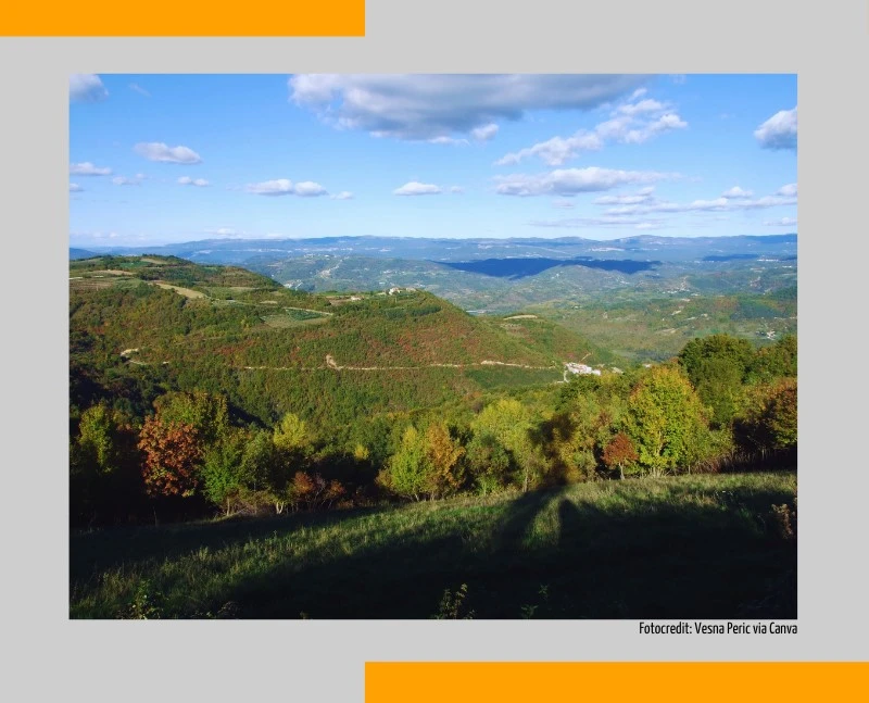 Grüne Berg- und Tal- Landschaft von Istrien mit sichtbaren Herbstfarben.
Fotocredit: Vesna-Peric