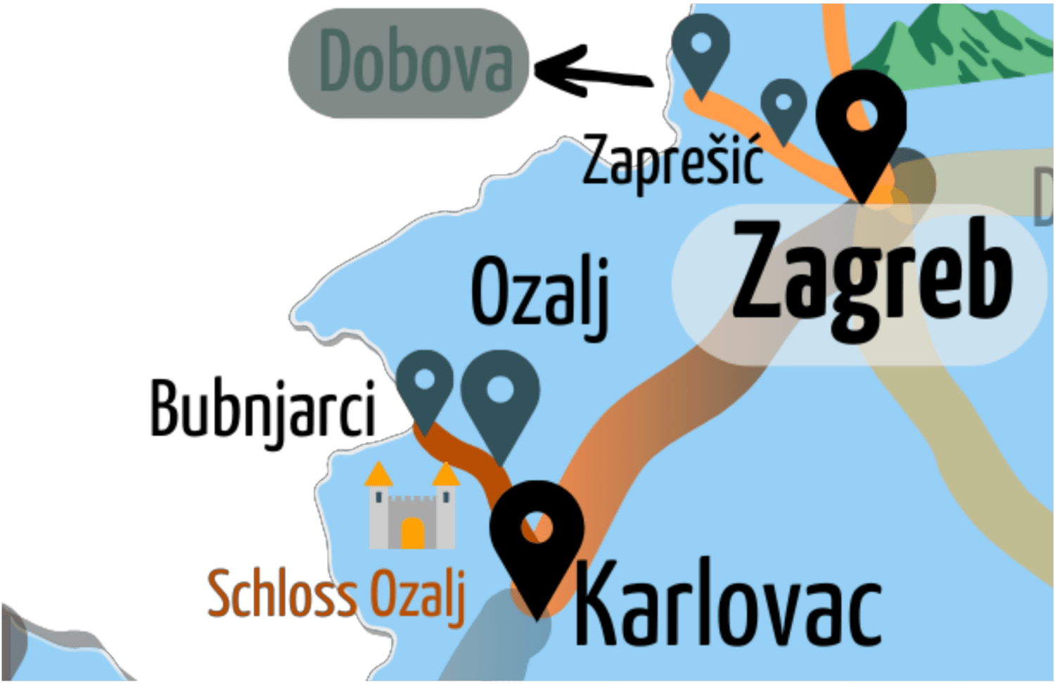 Kartenausschnitt mit Fokus auf Zugstrecke von Karlovac über Ozalj nach Bubnjarci. Schloss Ozalj ist markiert.