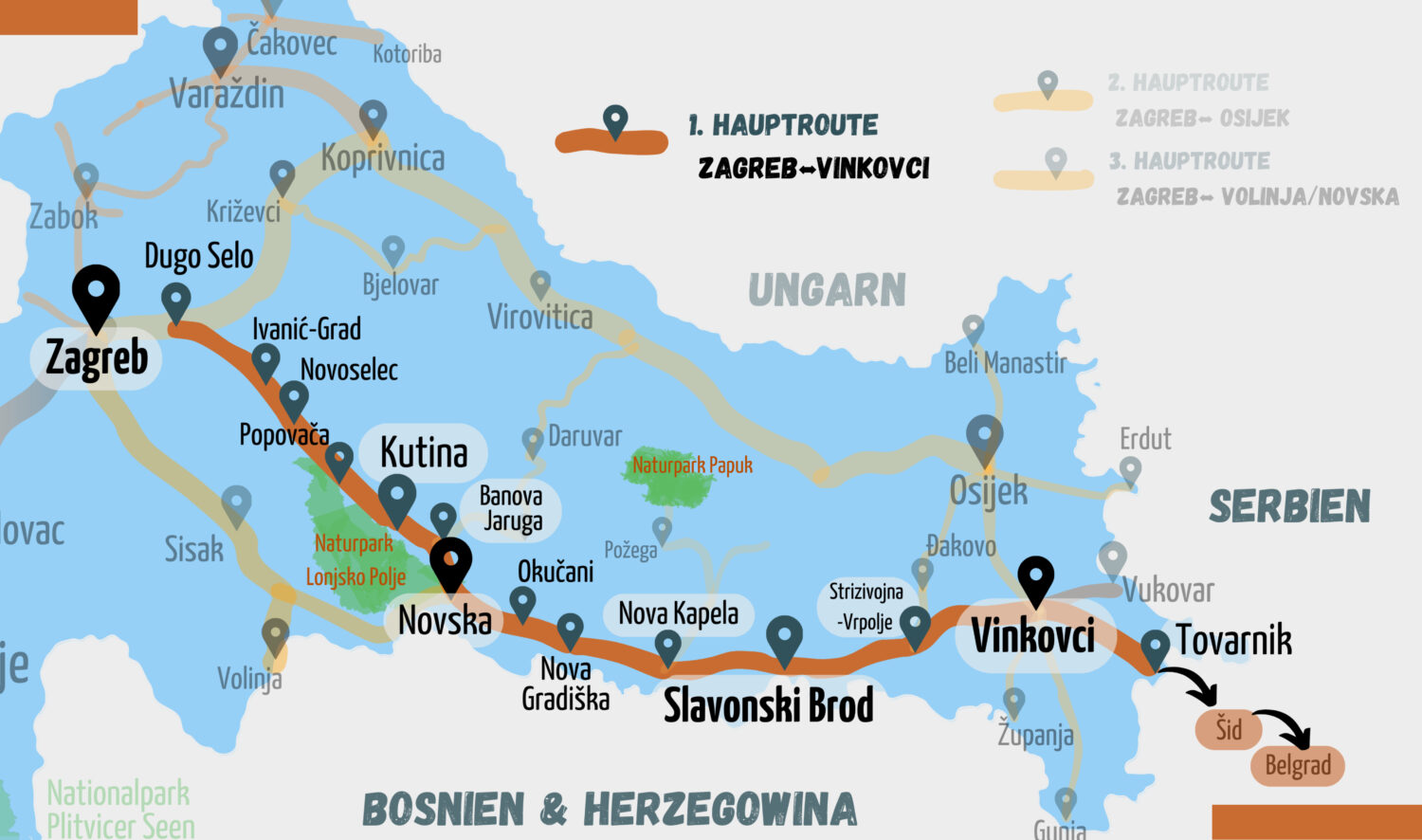 Hauptroute 1 - Zugstrecke von Zagreb nach Vinkovci. Kartenausschnitt des Eisenbahnnetzes im Norden und Osten von Kroatien. Landesinnere von Zagreb über die Moslavina und Slavonski Brod nach Vinkovci. Streckenverlauf im Süden von Slawonien. Hauptroute hervorgehoben.
East Rail