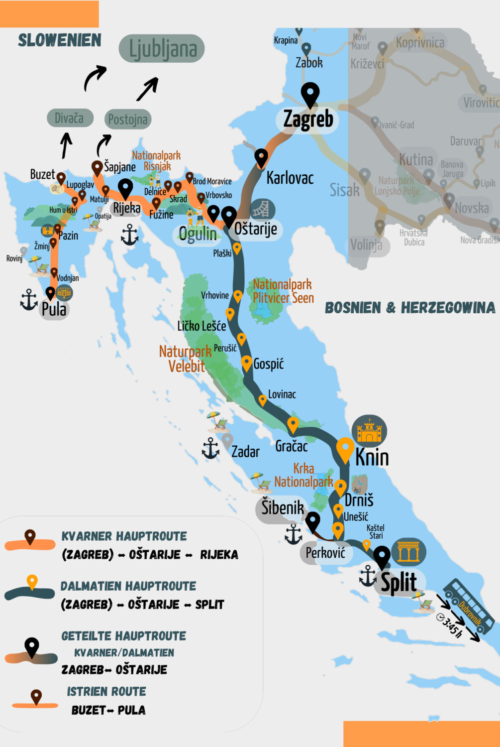Kartenausschnitt - Eisenbahnstrecken von Zagreb nach Rijeka und Split beziehungsweise Sibenik. Routen Richtung Kvarner Bucht und Dalmatien gabeln sich in Ostarije. Isolierte Nord-Süd-Strecke durch Istrien - von Buzet nach Pula. Einige Naturparks und Sehenswürdigkeiten sind markiert.