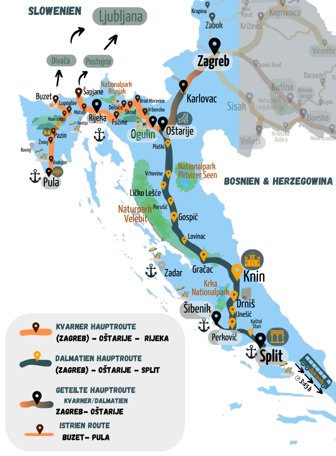 Kroatien Kartenausschnitt Hauptrouten Istrien Kvarner Dalmatien raw East Rail Stories
