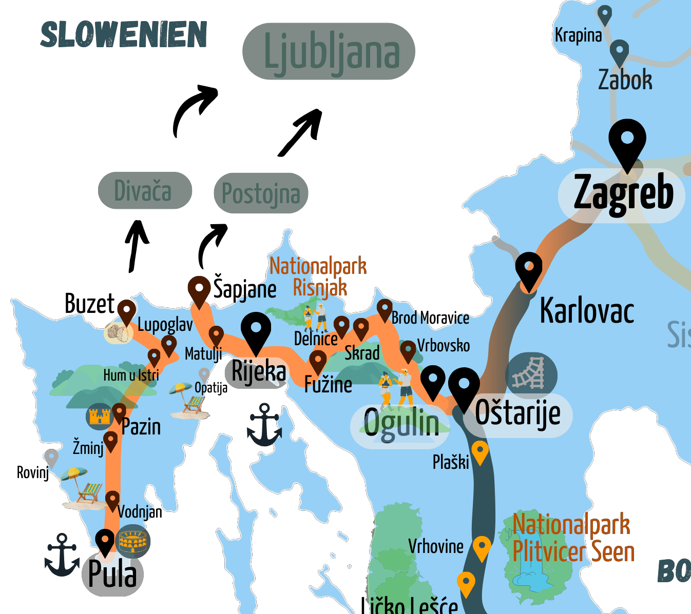 Kartenausschnitt - Fokus auf Routen in Istrien und Richtung Kvarner Bucht - Zugstrecken. Abzweigungen von Buzet und Sapanje nach Slowenien sind mit Pfeilen markiert.