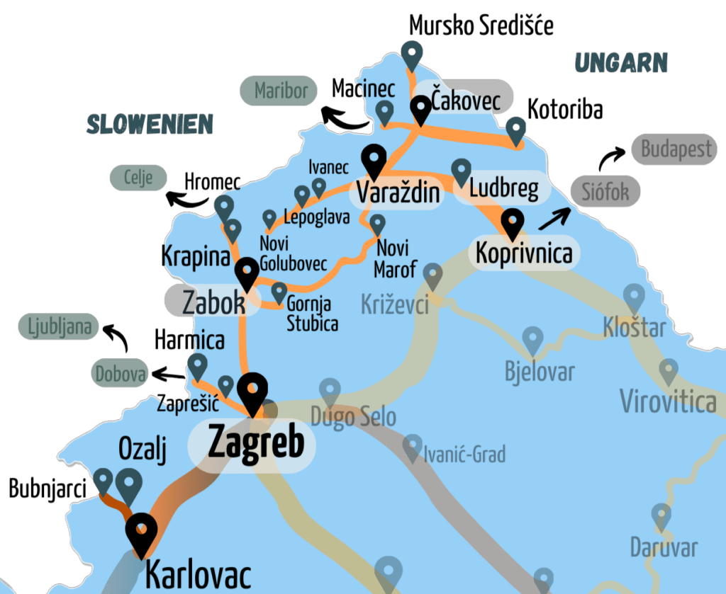 Landkarte der nördlichen Regionen Kroatiens zwischen Slowenien und Ungarn. Eisenbahnrouten sind orange eingefärbt. Wichtige Knotenpunkte Zabok, Cakovec, Koprivnica und Varazdin sind markiert.