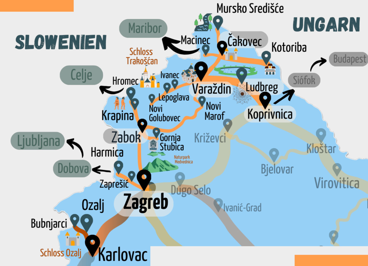 Nebenroute Nordkroatien - Kartenausschnitt des Eisenbahnnetzes in den Gespannschaften nördlich von Zagreb, Krapina-Zagorje, Varazdin, Medimurje, Koprivnica. Die Zugstrecken und Sehenswürdigkeiten sind hervorgehoben.