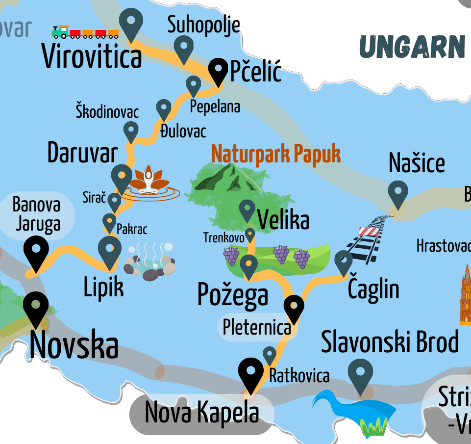 Kartenausschnitt mit Fokus auf Zugstrecken durch das Goldene Tal in Pozega. 