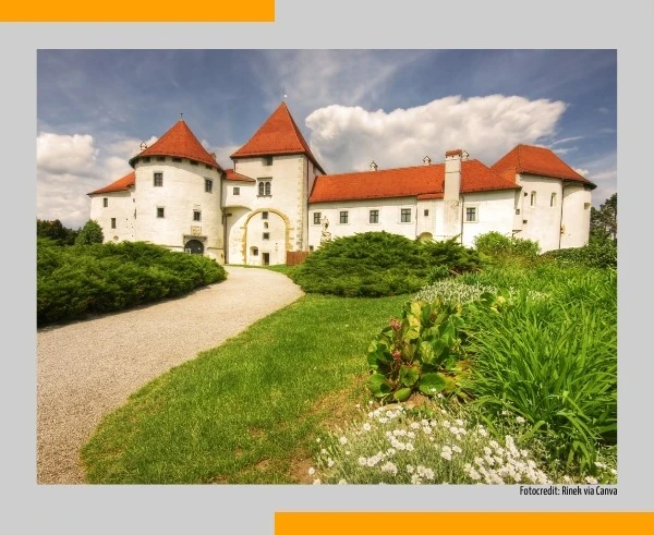 Schloss Varazdin - Stari Grad. Eine weiße Burg mit roten Spitzdächern. Fotocredi: Rinek