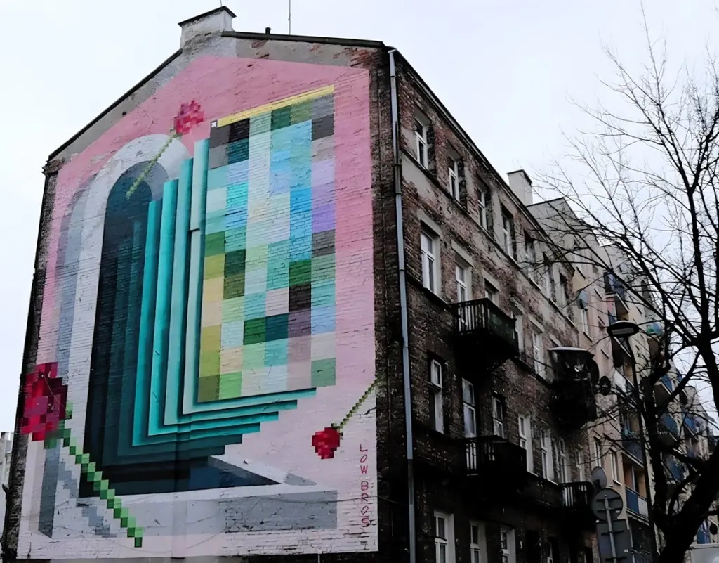 Mural in der Ulica Mala 8. Ein Schrein ohne Maria in dreidimensionaler Pixel-Mosaik-Darstellung. Hintergrund Rosa Künstler: Low Bros
