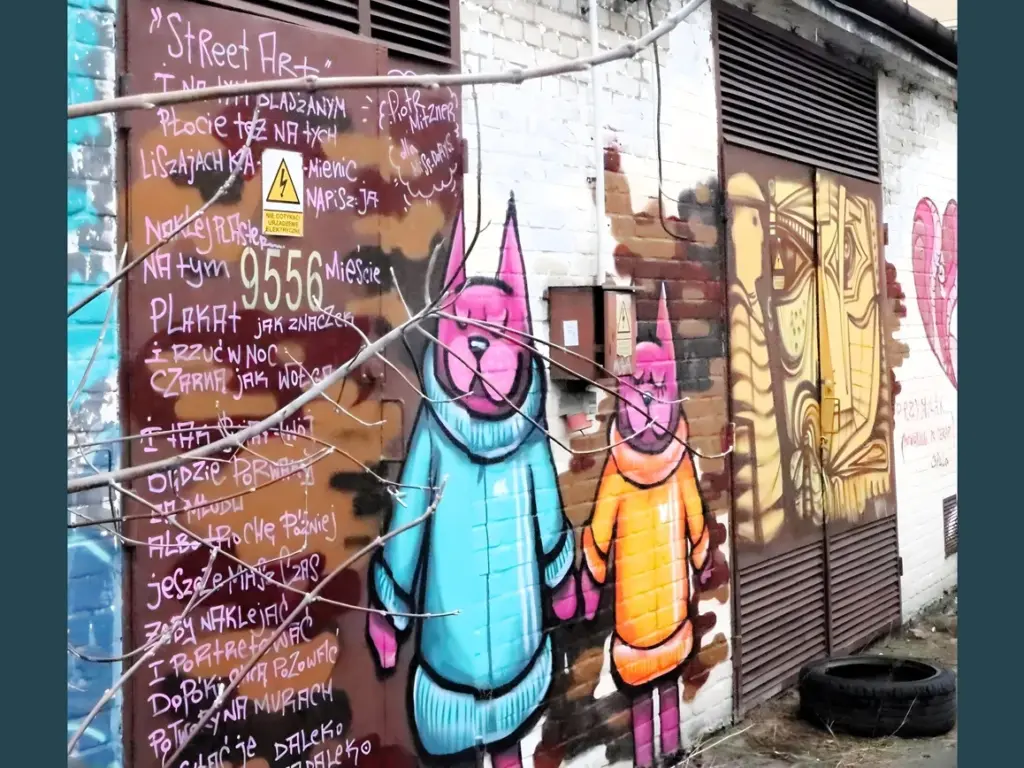 Streetart Warschau Praga. Zwei pinke Katzen auf Häuserwand mit Text über Straßenkunst. 