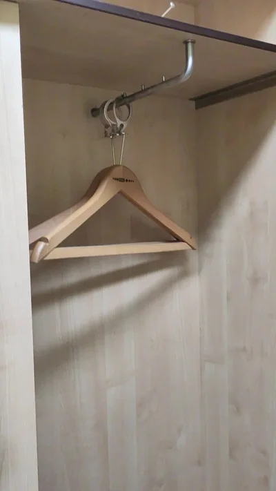 Zwei Kleiderbügel in leerem Holzschrank