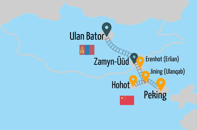 Karte der Route mit dem Zug von Ulan Bator nach Peking
