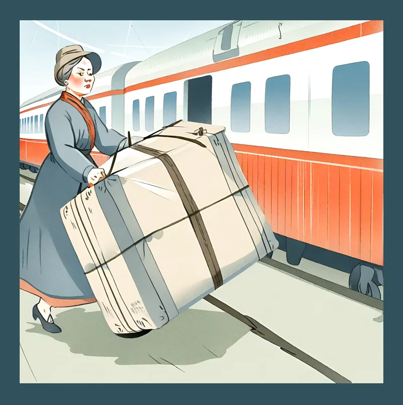 Zeichnung zeigt Frau mit riesigem Paket auf dem Weg zum Zug am Bahnsteig.
Transsibirien Eisenbahn Reise.