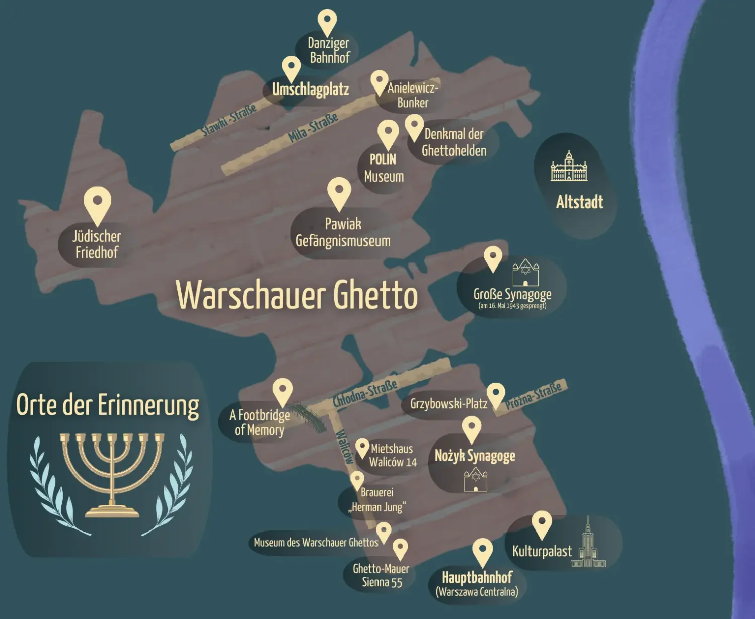 Warschauer Ghetto Karte mit Umriss. 
Landmarken markieren Orte der Erinnerung. Stawki Straße, Mila-Straße,Chlodna-Straße, Walicow und Prozna sind eingezeichnet.