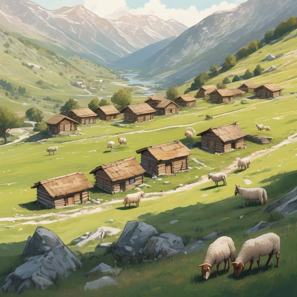 Farbige Zeichnung: Katun in Montenegro. Bergalm mit Holzhütten und weidenden Schafen. 