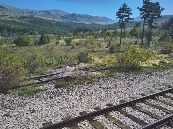 Eisenbahnschienen im Tal einer grünen Karstlandschaft in Kroatien.