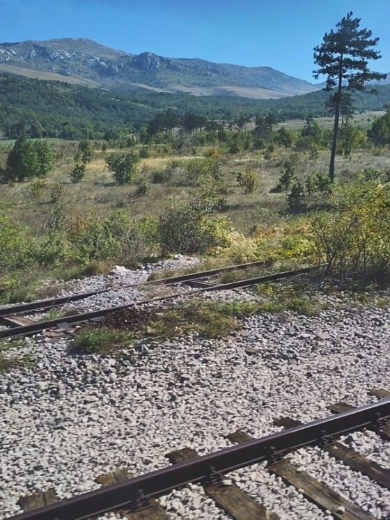 Eisenbahnschienen im Tal einer grünen Karstlandschaft in Kroatien.