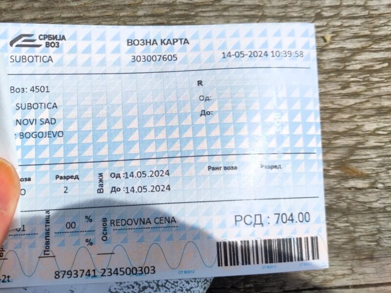 Papier-Fahrkarte der serbischen Bahn von Subotica nach Novi Sad. Preis: 704 Dinar.