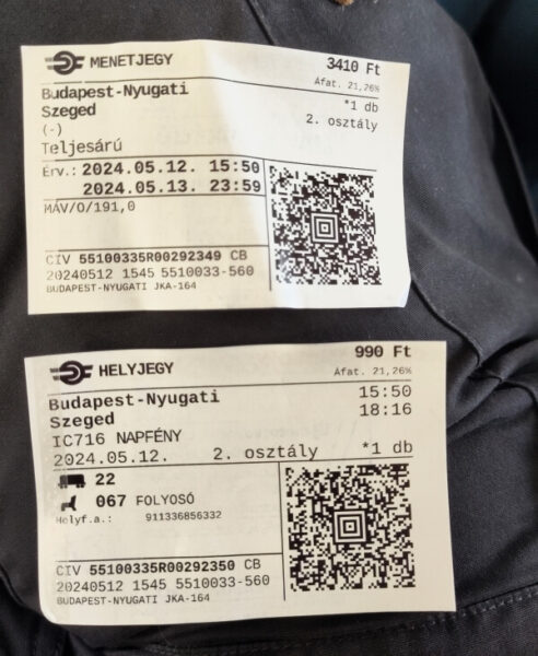 Tickets der ungarischen Bahn 'MAV' für den IC nach Szeged. Fahrkarte 3410 Forint, und Reservierung 990 Forint.