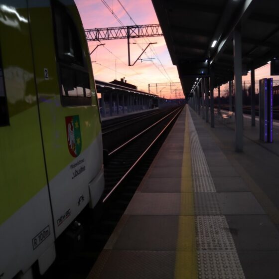 Triebwagen von Regionalzug am Bahnsteig in Zielona Gora. Wappen der Woiwodschaft Lubuskie am Zug.